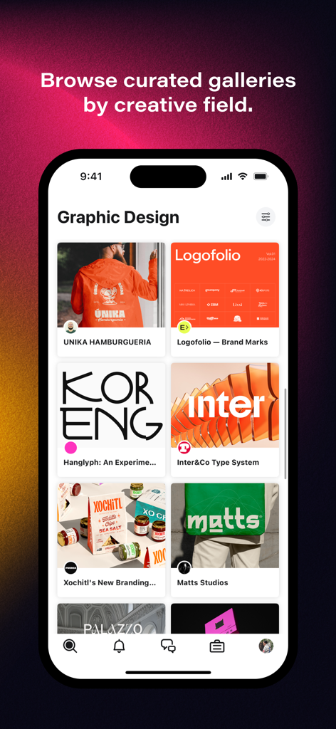 Behance – Creative Portfolios - A mobile screen from the Behance app showing a curated gallery of graphic design projects.