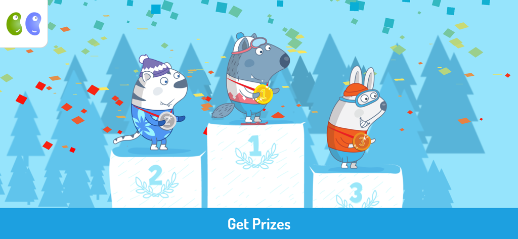 B&B Winter Sports Games - Animais fofos em um pódio de premiação de esportes de inverno com medalhas de ouro, prata e bronze