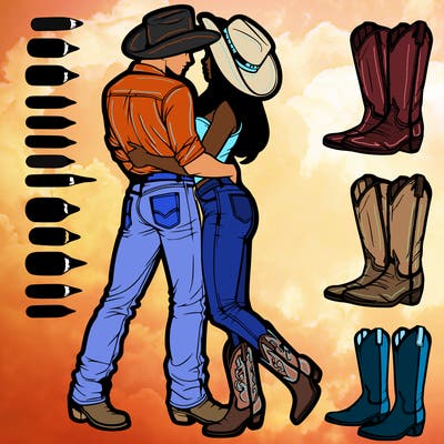 cowboy and his girlfriend in cowboy boots, boot cut jeans, cowboy hat hugging realistic