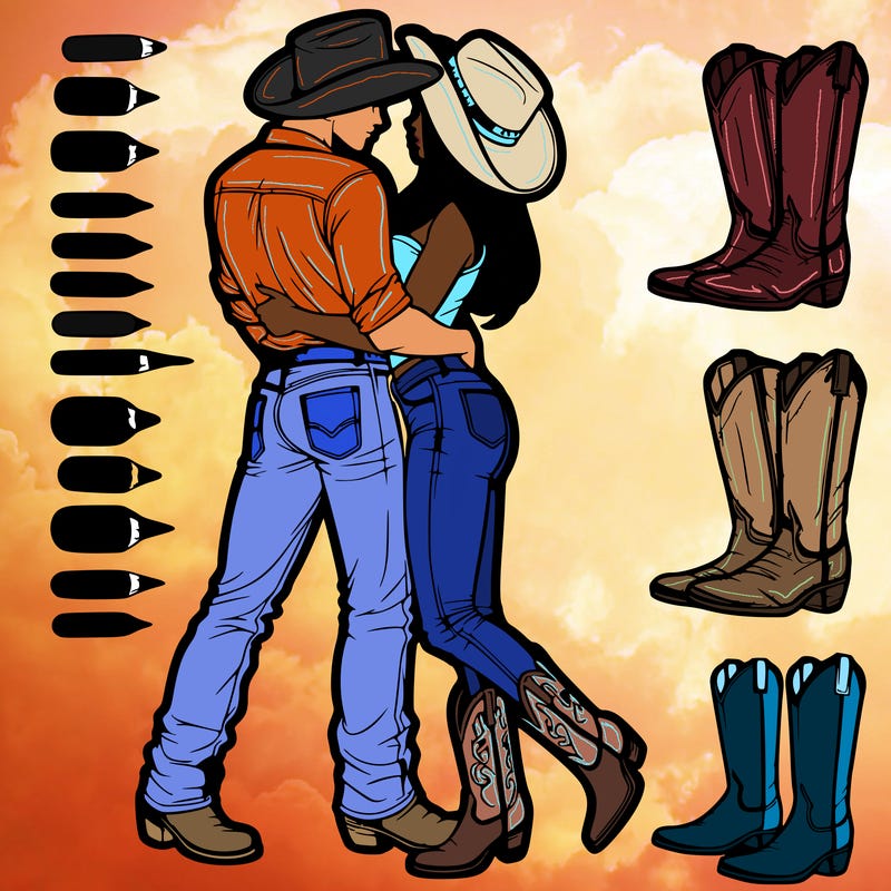 cowboy and his girlfriend in cowboy boots, boot cut jeans, cowboy hat hugging realistic