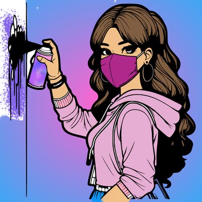 realistic girl with mask spray painting a wall