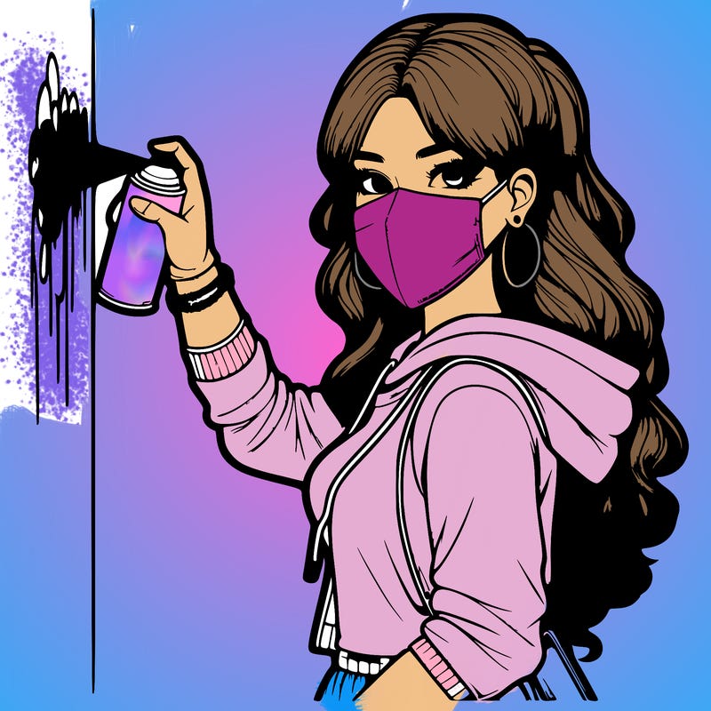 realistic girl with mask spray painting a wall