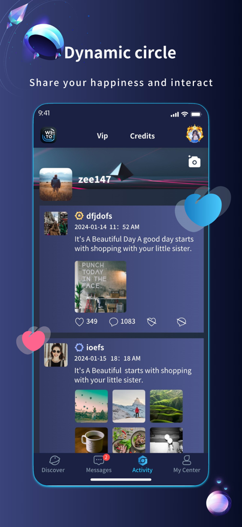 Wetolove - Interfaz de la aplicación Wetolove que muestra el Círculo Dinámico donde los usuarios comparten publicaciones y fotos para interactuar con otros.