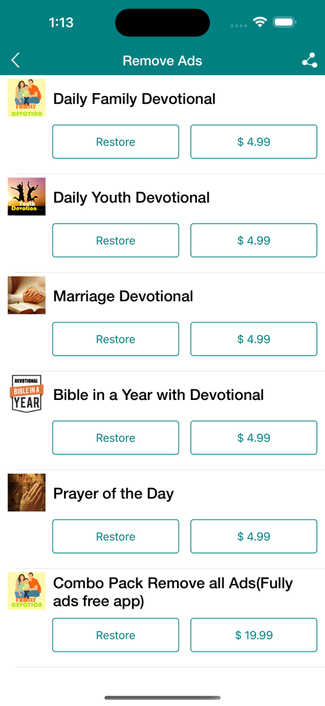 Family Devotional - In-app purchase screen for removing ads on various devotional categories including family, youth, and marriage