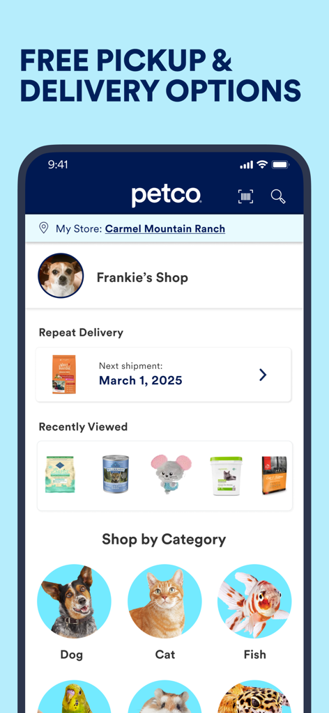 Petco app home screen showing a personalized pet shop for a dog named Frankie and repeat delivery options
