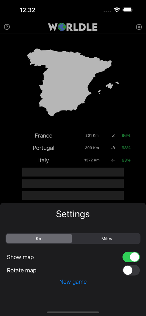 Worldle app interface showing a country silhouette guess with proximity hints and an open settings menu for distance units and map options.