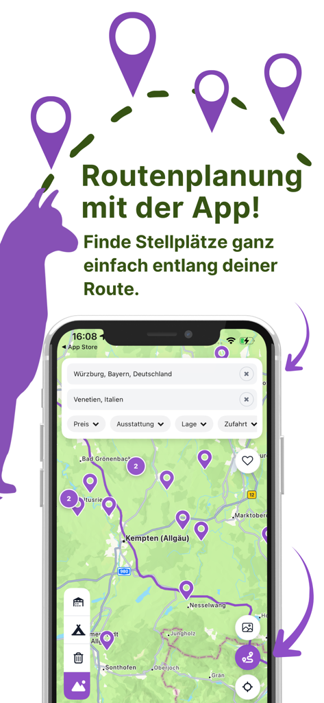 Alpaca Camping App - Smartphone screen showing the route planning feature of the Alpaca Camping app with map markers for available campsites along a journey.