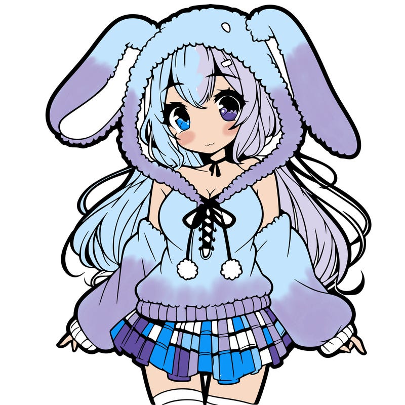 pretty anime girl wearing a fluffy hoodie with bunny ears on the hood and a skirt