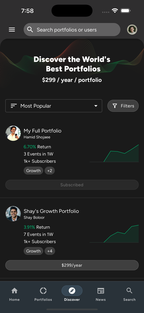 Savvy Trader - Schermata di scoperta del portafoglio di Savvy Trader che mostra i portafogli degli utenti più popolari con rendimenti e costi di abbonamento.