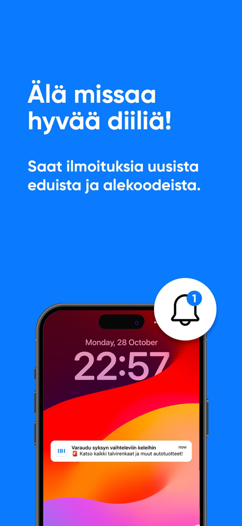 Hobbyhall.fi verkkokauppa - A smartphone showing a push notification for special deals and discounts from the Hobbyhall app