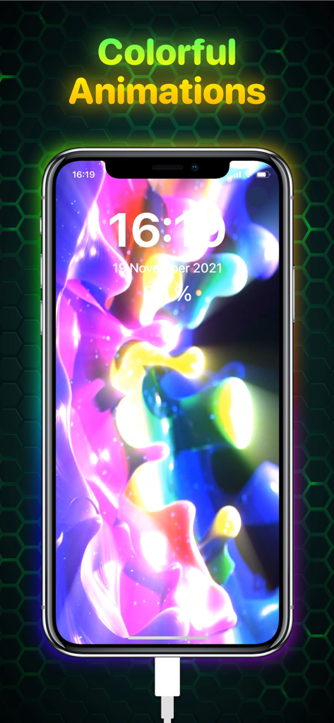 Ampere: Charging Animation App - Una pantalla de iPhone mostrando una vibrante animación de carga colorida y brillante con formas abstractas mientras está enchufado a un cargador