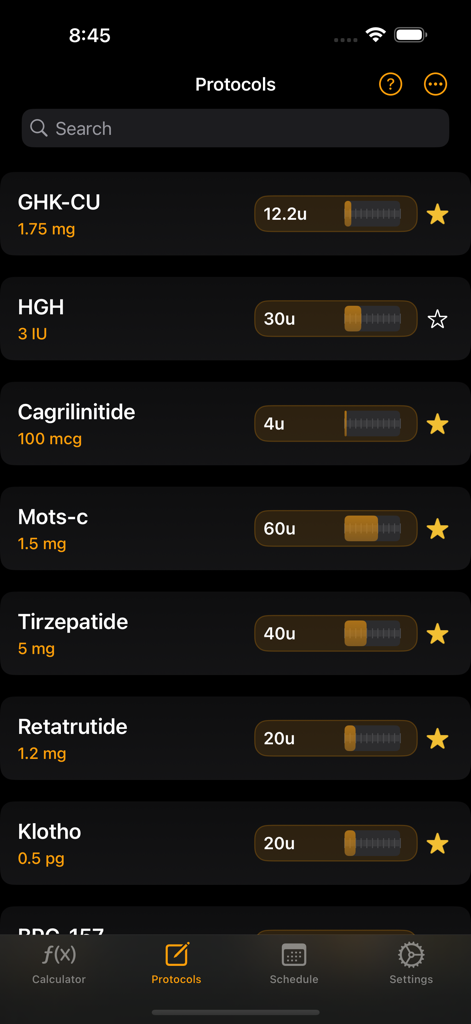 Peptide Calculators - Peptide protocol management screen showing dosages and syringe units for various treatments