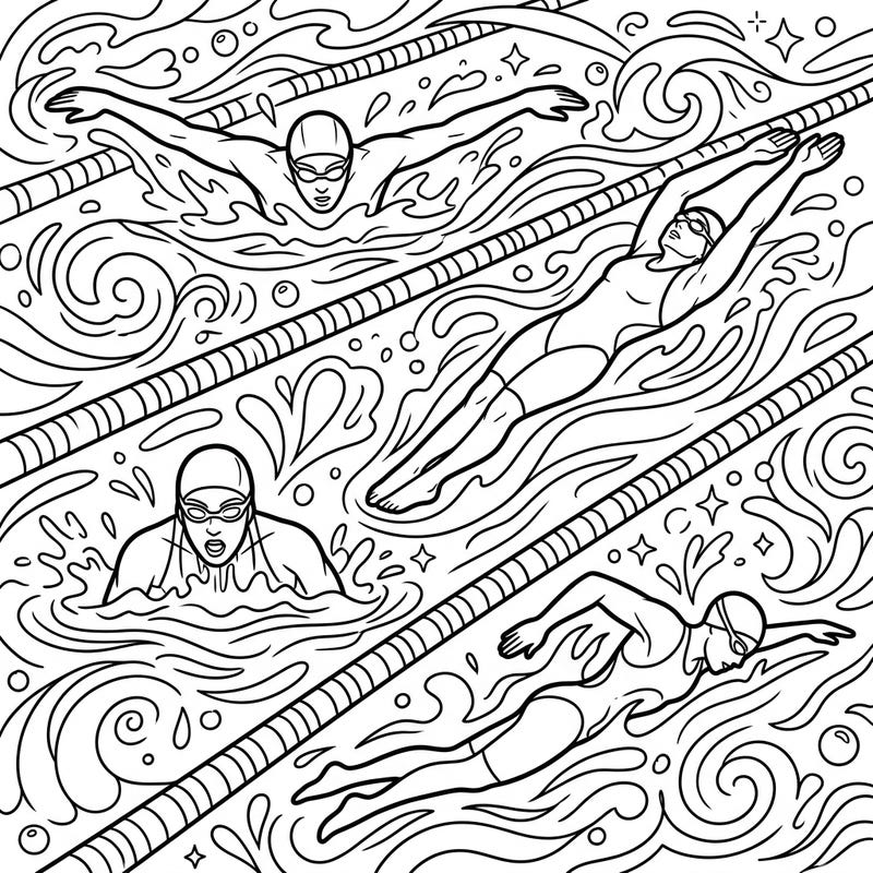 Experience the thrill of competitive swimming with this dynamic Individual Medley Swimmers coloring page. Capture the grace and power of all four strokes as you bring this exciting aquatic scene to life.