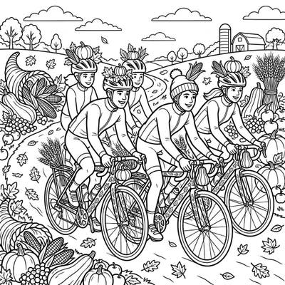 Get ready to color a heartwarming Thanksgiving scene featuring spirited road cyclists enjoying a festive autumn ride. This unique coloring page blends the thrill of cycling with the bounty of the harvest season, perfect for all ages.