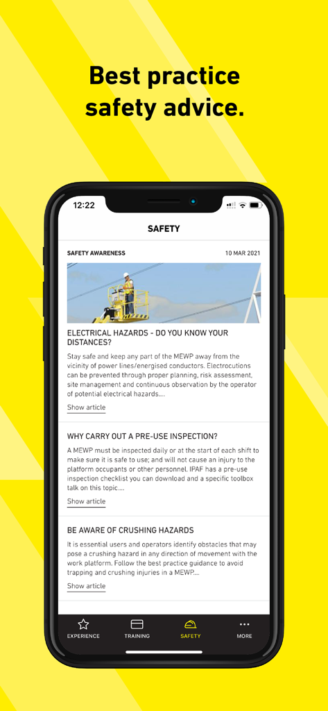 IPAF ePAL - IPAF ePAL mobile app safety advice section with articles for machine operators.