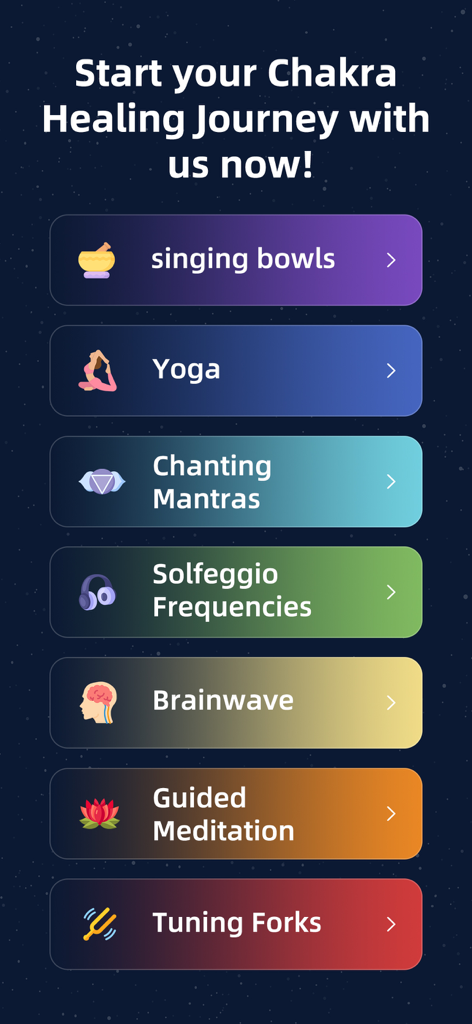 A list of chakra healing features including singing bowls, yoga, chanting mantras, and solfeggio frequencies.