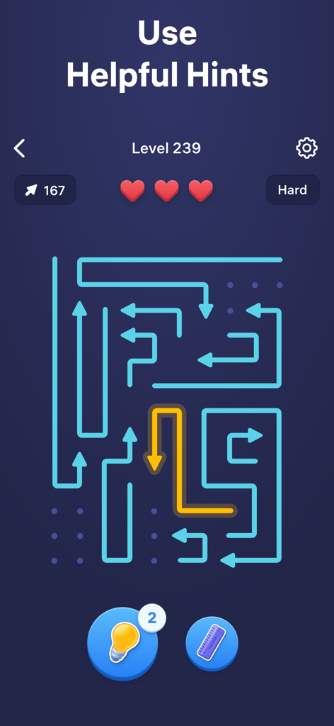 Arrow Puzzle - Tap Away Game - Pantalla de jugabilidad de Arrow Puzzle con una pista resaltada en un nivel de lógica complejo