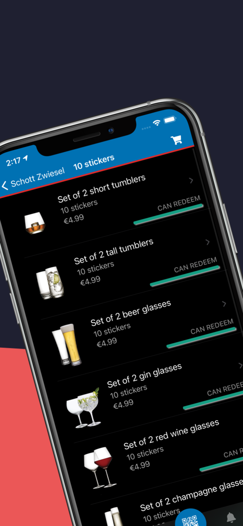 Stick & Win - Mobile app screen showing a list of glassware sets available to redeem for stickers and a small fee