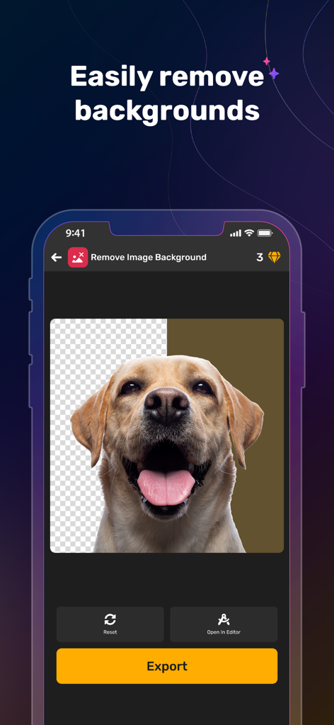 Simplified AI - Screenshot of the Simplified AI app showing a feature to easily remove backgrounds from images using a photo of a dog