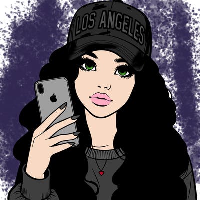 realistic beautiful girl wearing los ángeles cap holding an iphone