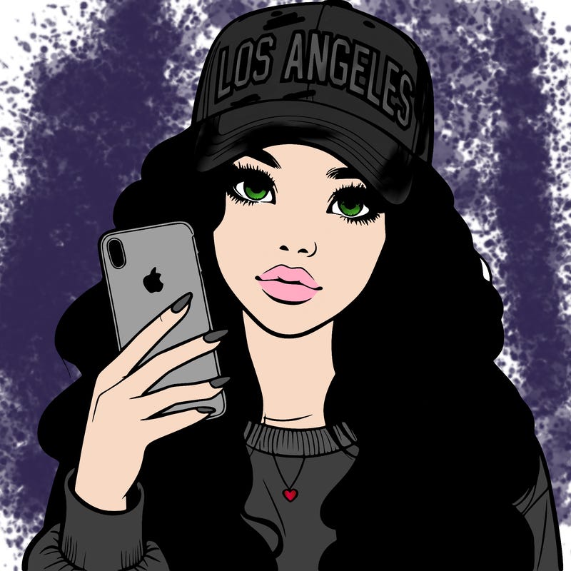 realistic beautiful girl wearing los ángeles cap holding an iphone