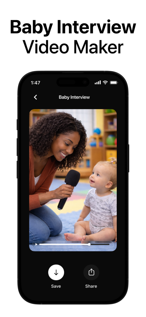 A smartphone screen displaying the Reelify app feature for creating an AI baby interview video.