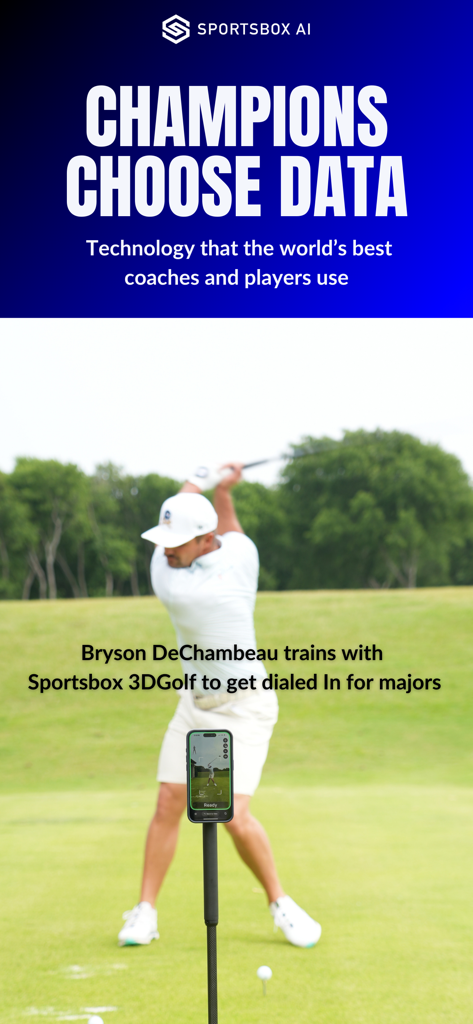 Bryson DeChambeau using the Sportsbox 3D Golf app on a smartphone for swing analysis