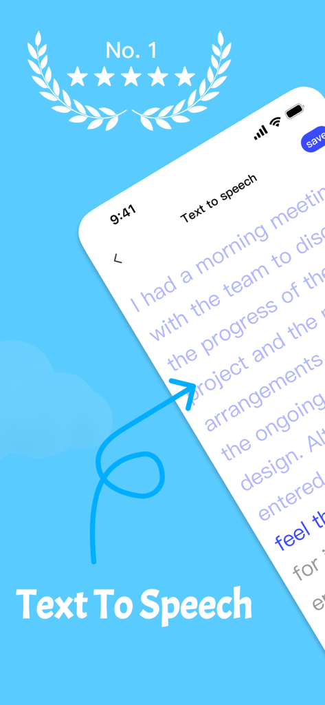 TTSpeech: Text to Speech Audio - Écran mobile de l'application TTSpeech montrant la conversion de texte en audio avec texte mis en surbrillance