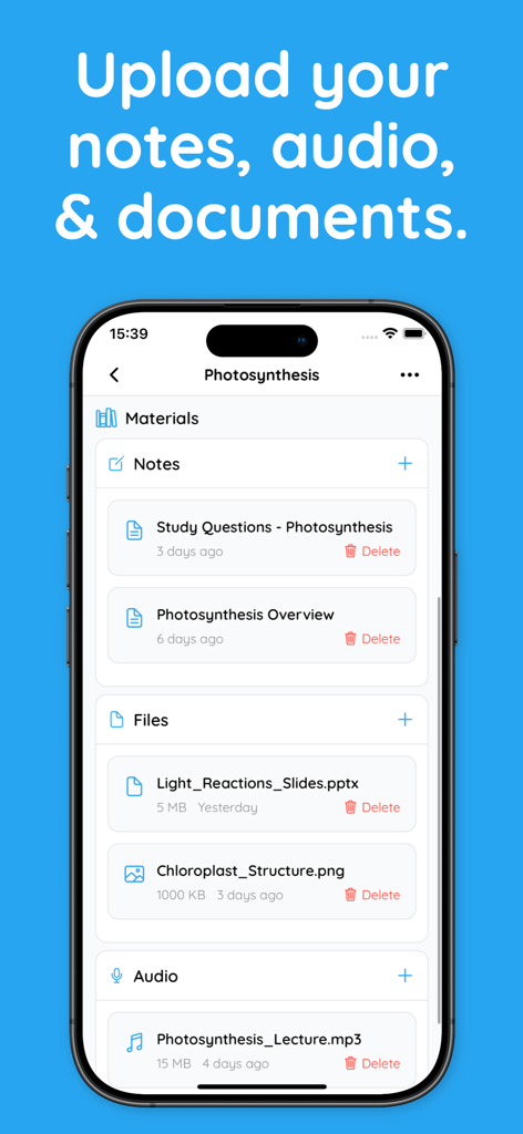 A smartphone screen displaying the Blurt app interface for uploading study notes, files, and audio recordings.