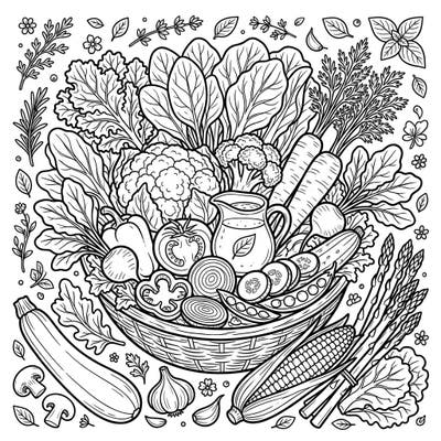 Celebrate nature's bounty with this vibrant coloring page, showcasing a delicious assortment of fresh vegetables and healthy salads. Perfect for foodies and nature lovers alike, this detailed illustration promises hours of creative relaxation.