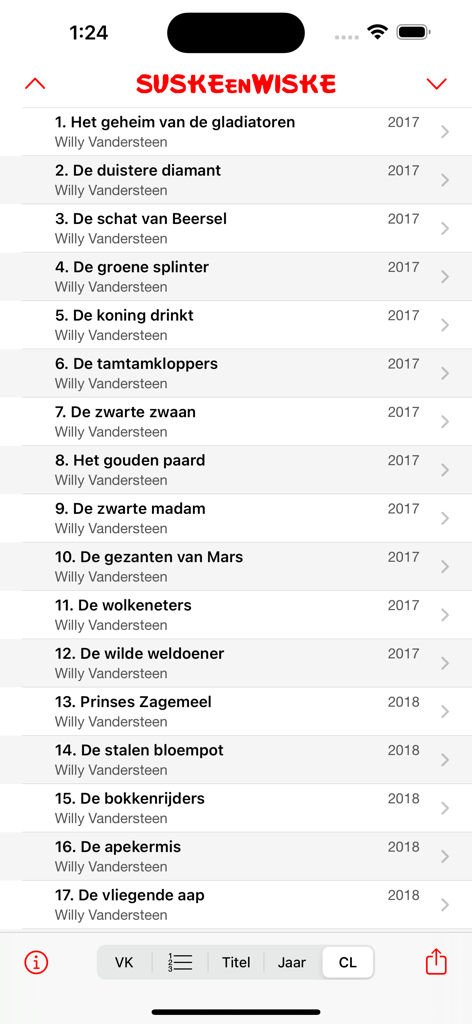 De aardige app - A list of Suske en Wiske comic book titles with their release years in the Spike and Suzy collection tracker app.