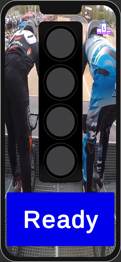 BMX Gate Reaction Time - BMX gate start reaction timer app showing racers at the starting gate and a ready button