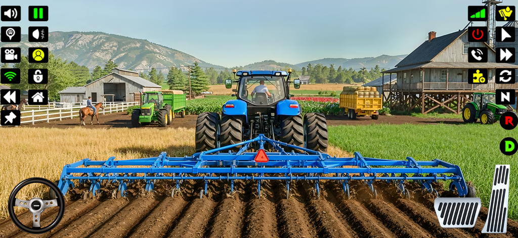 Farming Tractor Game Simulator - A blue tractor cultivating a field in a 3D farming simulator game with a rural mountain background.