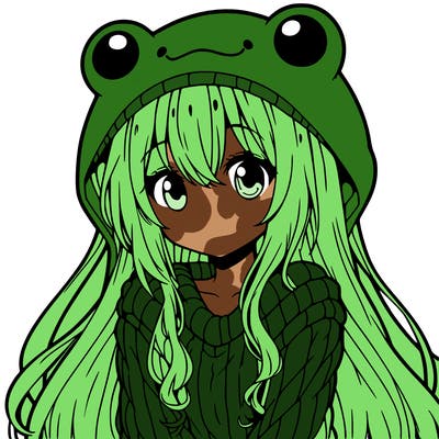 girl with frog hat and a sweater anime long hair