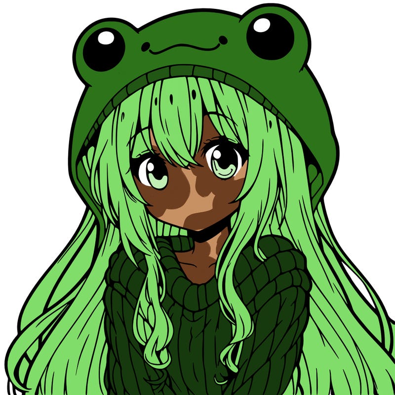 girl with frog hat and a sweater anime long hair