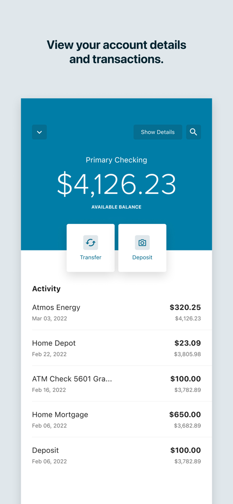 Keesler Federal Mobile Banking - Keesler Federal Mobile Banking app interface showing primary checking account balance and transaction history.