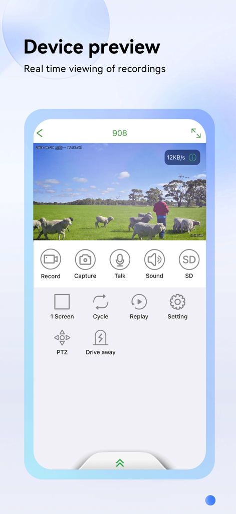 Ein Smartphone-Bildschirm, der die Seetong App Live-Video-Vorschau von einer Überwachungskamera zeigt