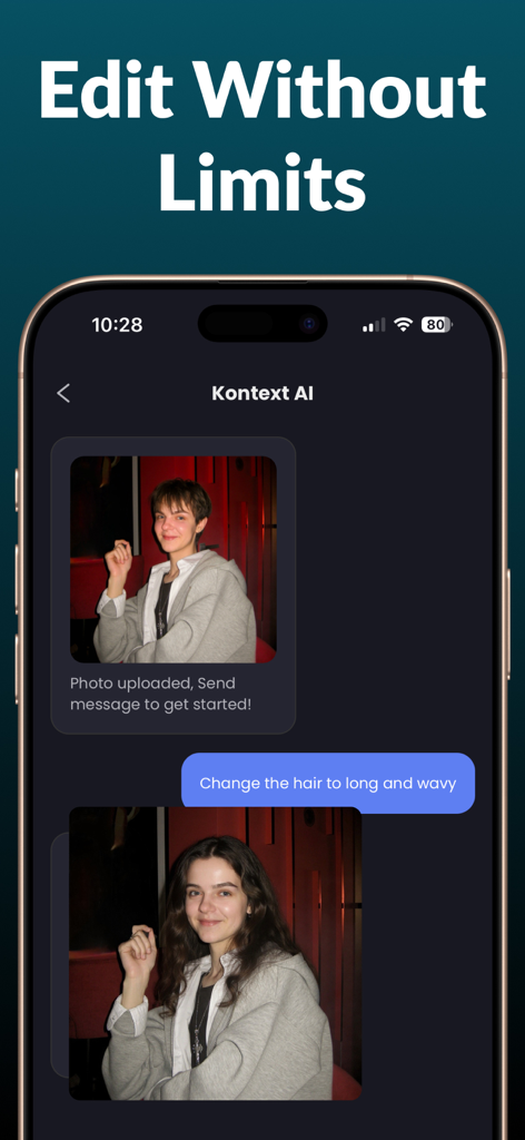AI Image Editor via Chat - A mobile interface for an AI photo editor showing a user prompt to change hair style through a chat conversation.