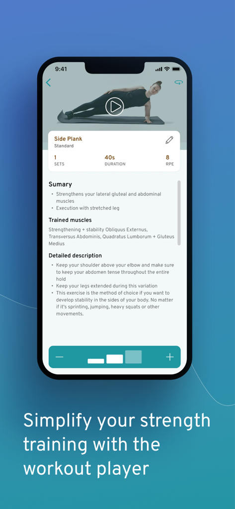 비디오 및 상세 지침과 함께 사이드 플랭크 운동을 보여주는 MATS 트레이닝 플랫폼 운동 플레이어