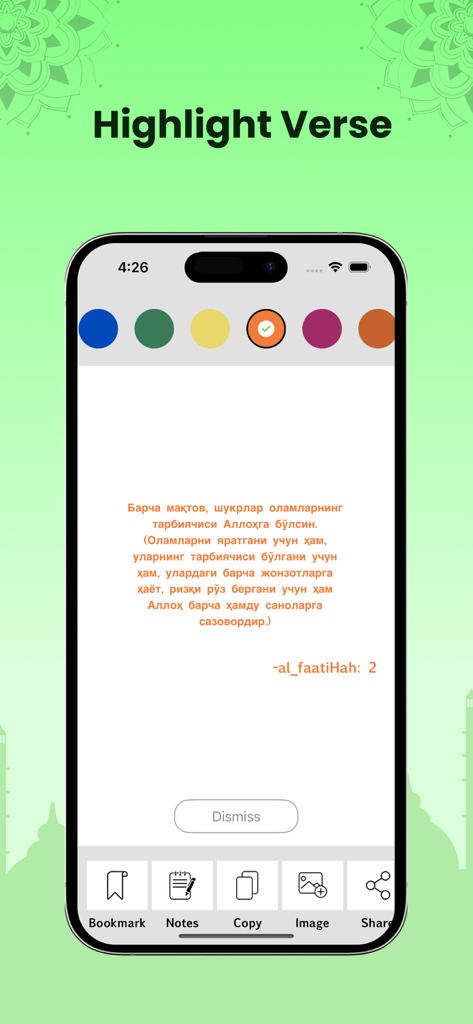 Interface of the Uzbek Quran app showing the highlight verse feature with color selection and sharing options.
