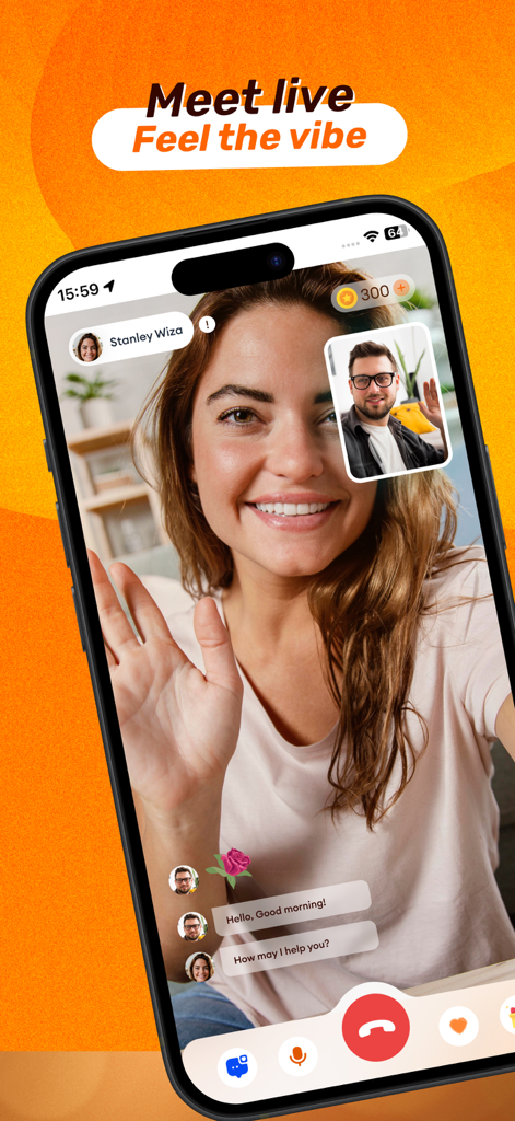 Cool Match: Voice & Video Chat - Cool Match app interface showing a live one on one video call between two users with chat bubbles and interactive icons