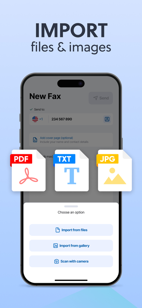 A mobile interface showing options to import PDF TXT or JPG files and scan documents to send a new fax
