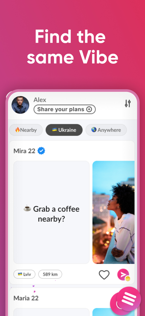 Relike: Dating, Chat & Meet up - Relike dating app interface showing a user profile with a grab a coffee nearby invitation