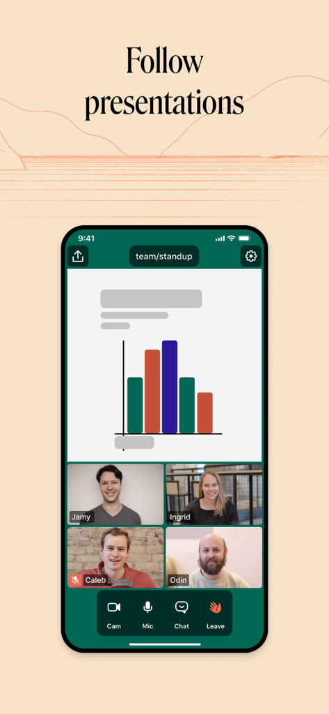 Bildschirm der Whereby-Mobil-App, der eine geteilte Präsentation mit vier Videoanruf-Teilnehmern zeigt
