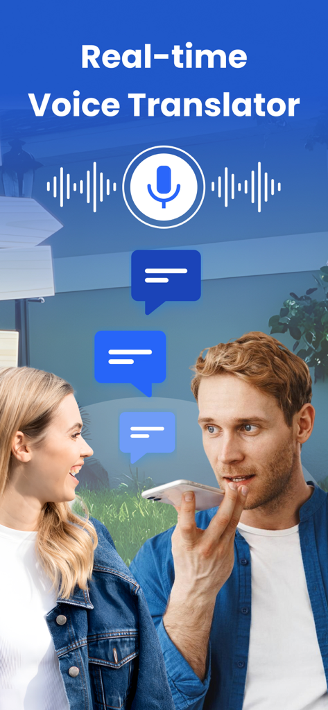AI Translator, Voice Translate - Duas pessoas usando o recurso de tradutor de voz em tempo real em um smartphone