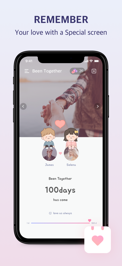 Smartphone screen displaying a 100 day relationship anniversary in the Been Together app.
