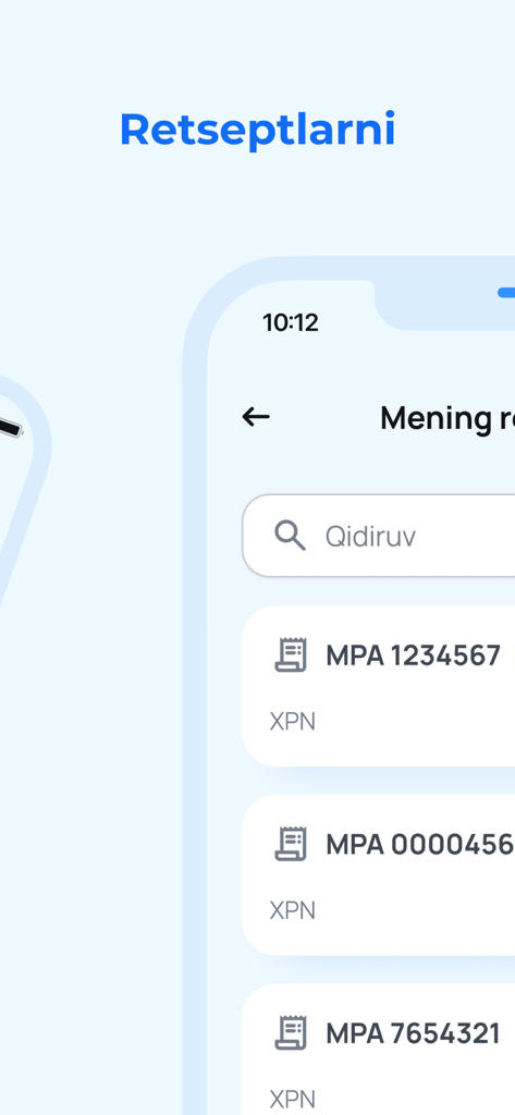 DMED mobile app screen showing a list of electronic prescriptions in Uzbek