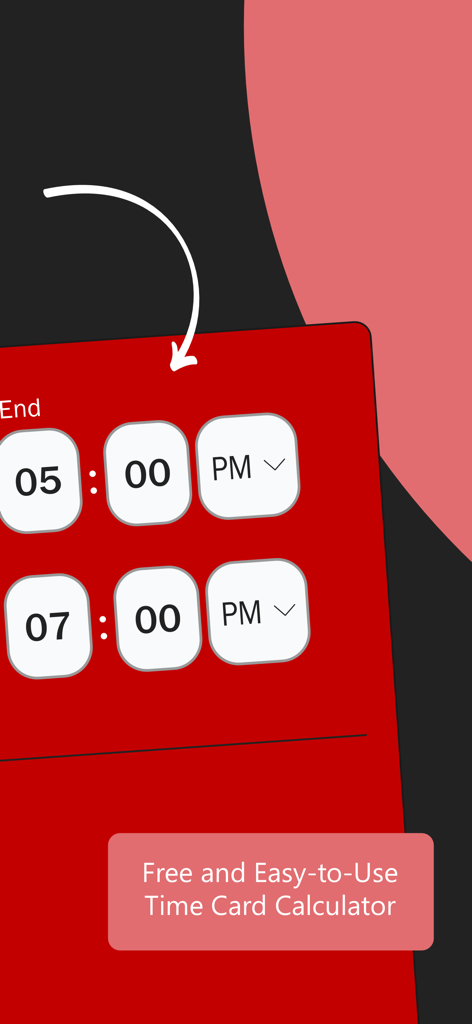 User interface of the Time Card Calculator app displaying shift start and end times