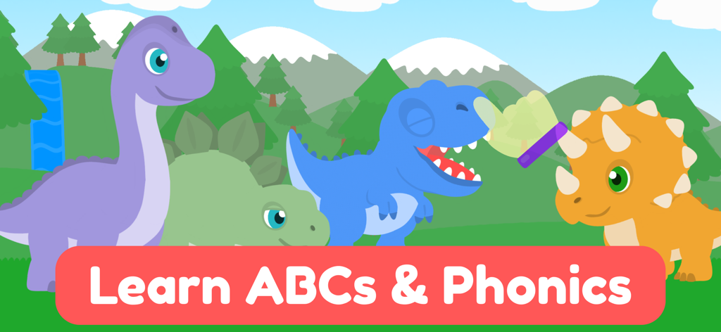 Baby Abbie: Toddler Games 2+ - Colorful cartoon dinosaurs in a landscape promoting ABCs and Phonics learning for toddlers