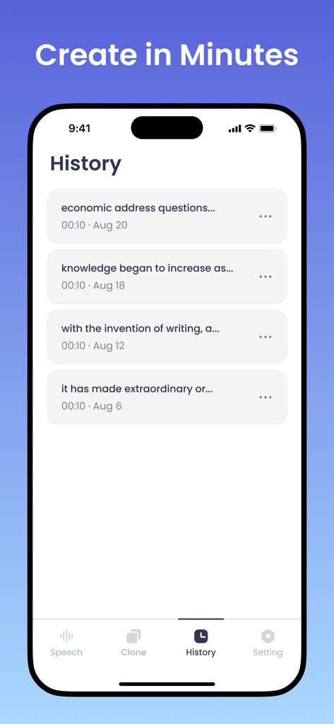 Merfi AI: Text to Speech, TTS - A mobile interface of the Merfi AI text to speech app showing a history log of generated audio files with dates and durations.